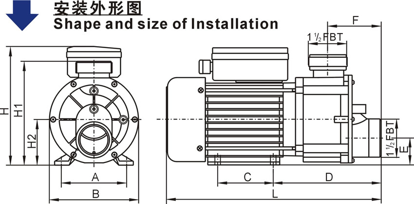 JA系列欧洲款按摩浴缸泵安装外形图