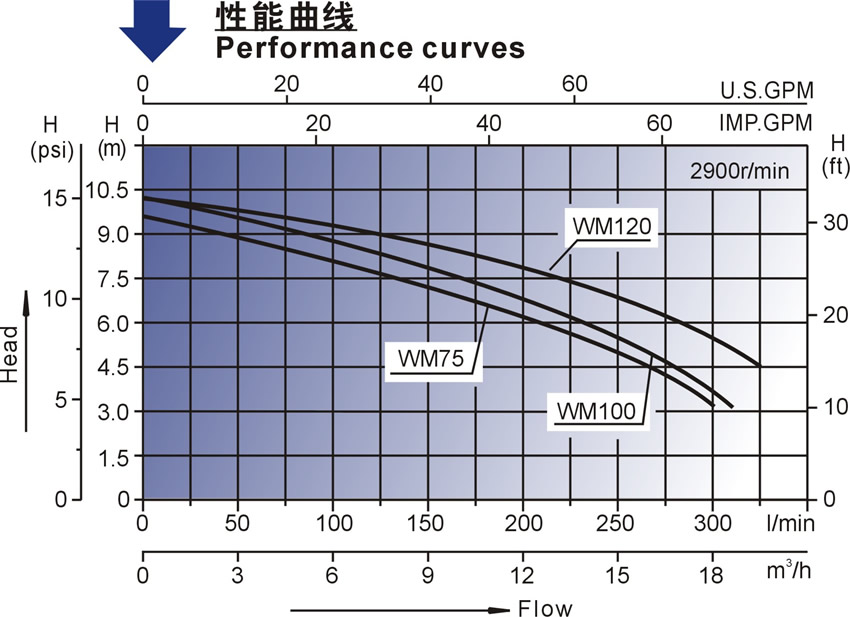 WM系列欧洲款按摩浴缸泵的性能曲线图