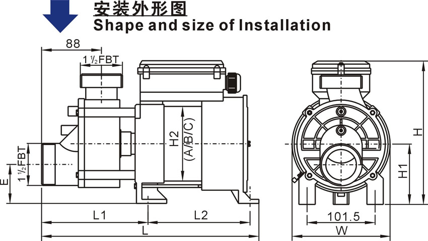 WAH系列北美款按摩浴缸泵安装外形图