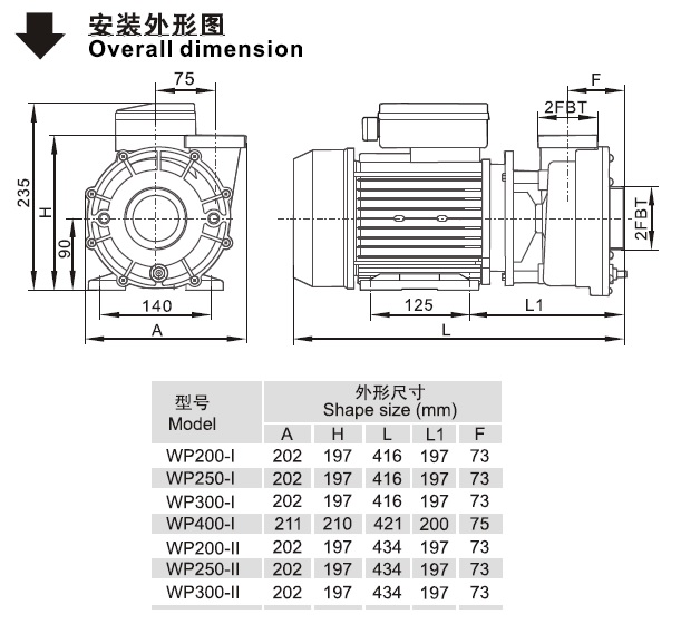 WP系列欧洲款按摩浴缸泵安装尺寸图