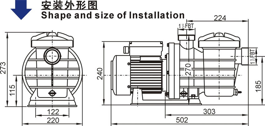 欧洲款SQP泳池泵安装外形图