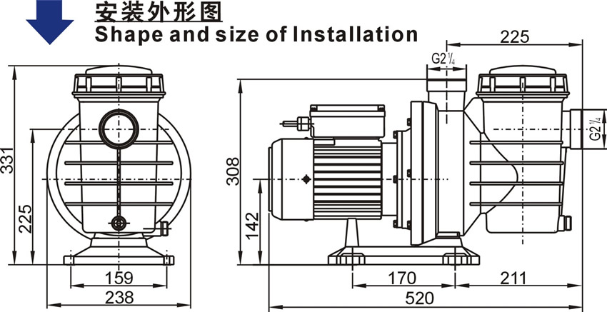 欧洲款SWIM泳池泵的安装外形图