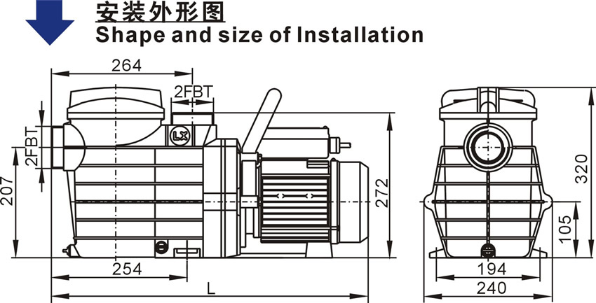 欧洲款SUPA/SUPB泳池泵的安装外形图