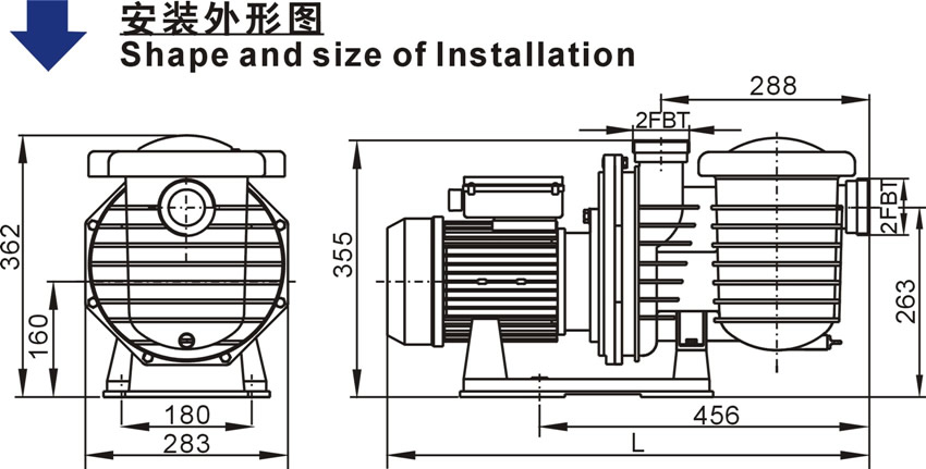 欧洲款SCPB系列泳池泵的安装外形图