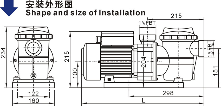 欧洲款STP25-120系列泳池泵安装外形图