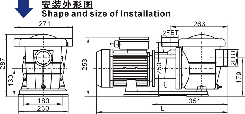 欧洲款SP系列泳池泵的安装外形图