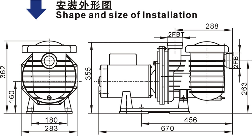 北美款SCP系列泳池泵的安装外形图